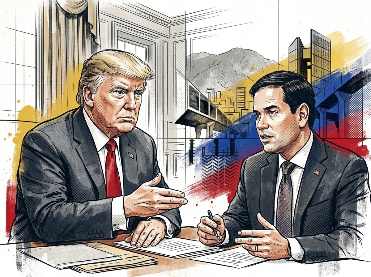 Ilustración editorial para Trump, Rubio y la transición venezolana: la ruptura y la República pendiente