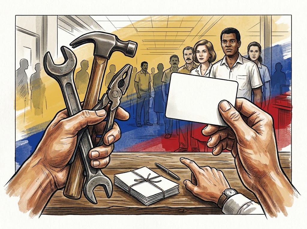 Ilustración editorial para El empleo y el carnet: la dependencia que denunciaba Renny